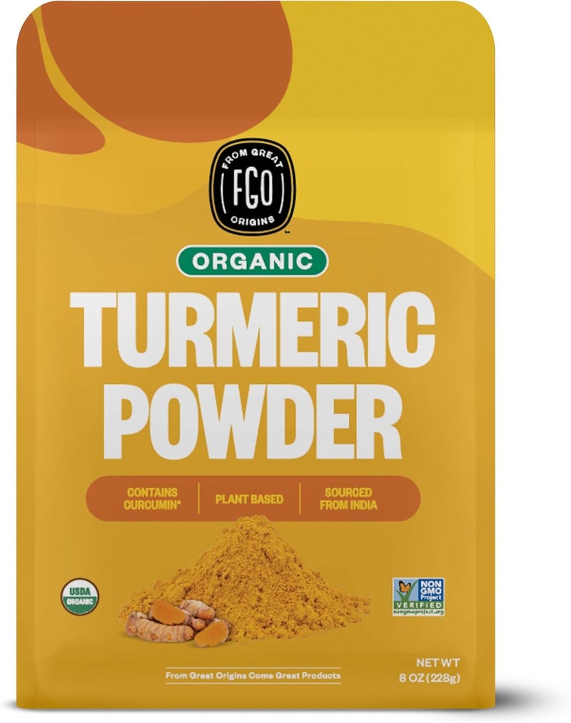 FGO Feel Good Organics Lab Tested for Purity Resealable Kraft Bag Organic Turmeric Root Powder with Curcumin, 8oz/226g - Image 1